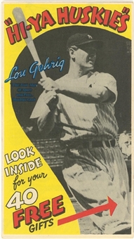 1937 Lou Gehrig "Hi Ya Huskies" Fold-Out Breakfast Cereal Advertising Pamphlet with Original Mailing Envelope